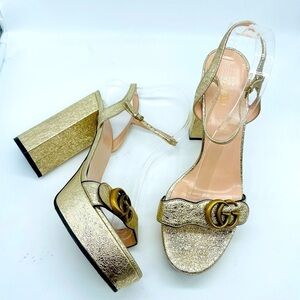 Gucci Galassia Metallic Gold leather GG Marmont ankle strap block heels 40.5